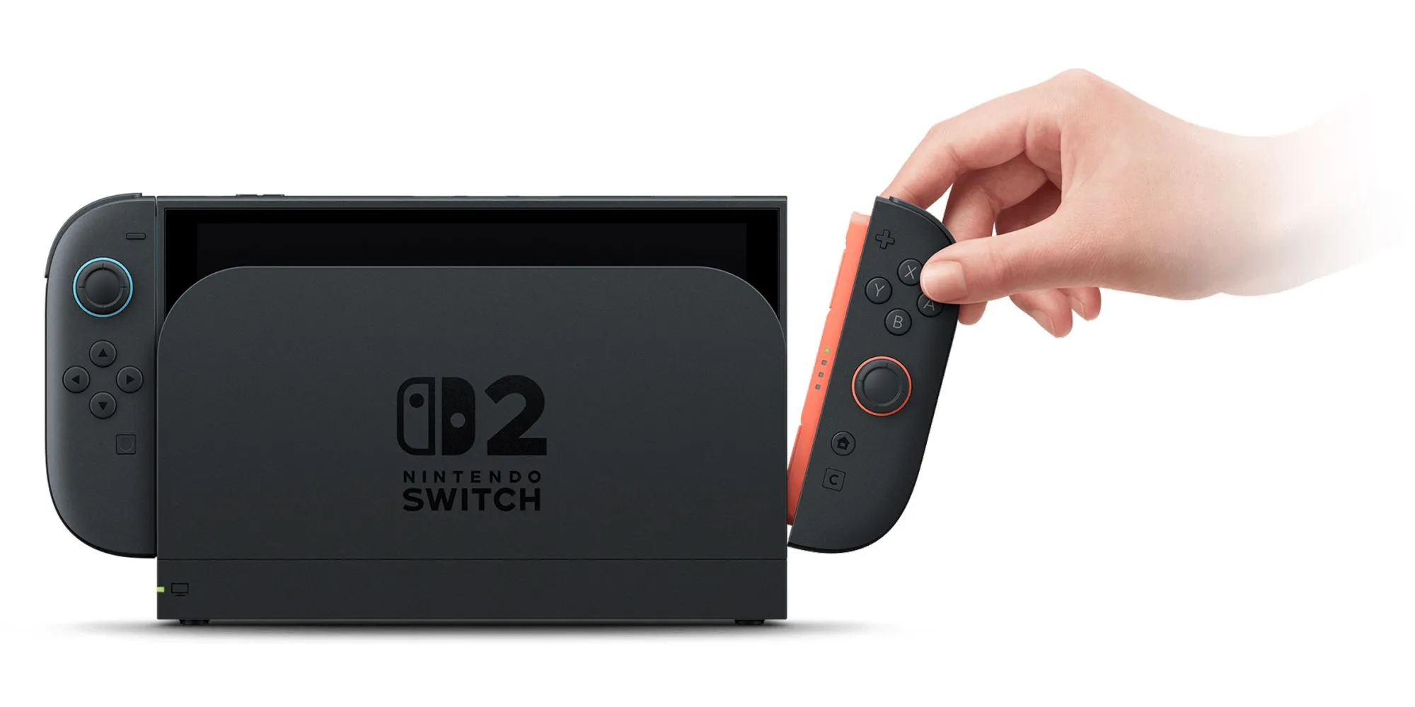 Máy Nintendo Switch 2 đặt trên dock sạc với Joy-Con bên trái tách rời