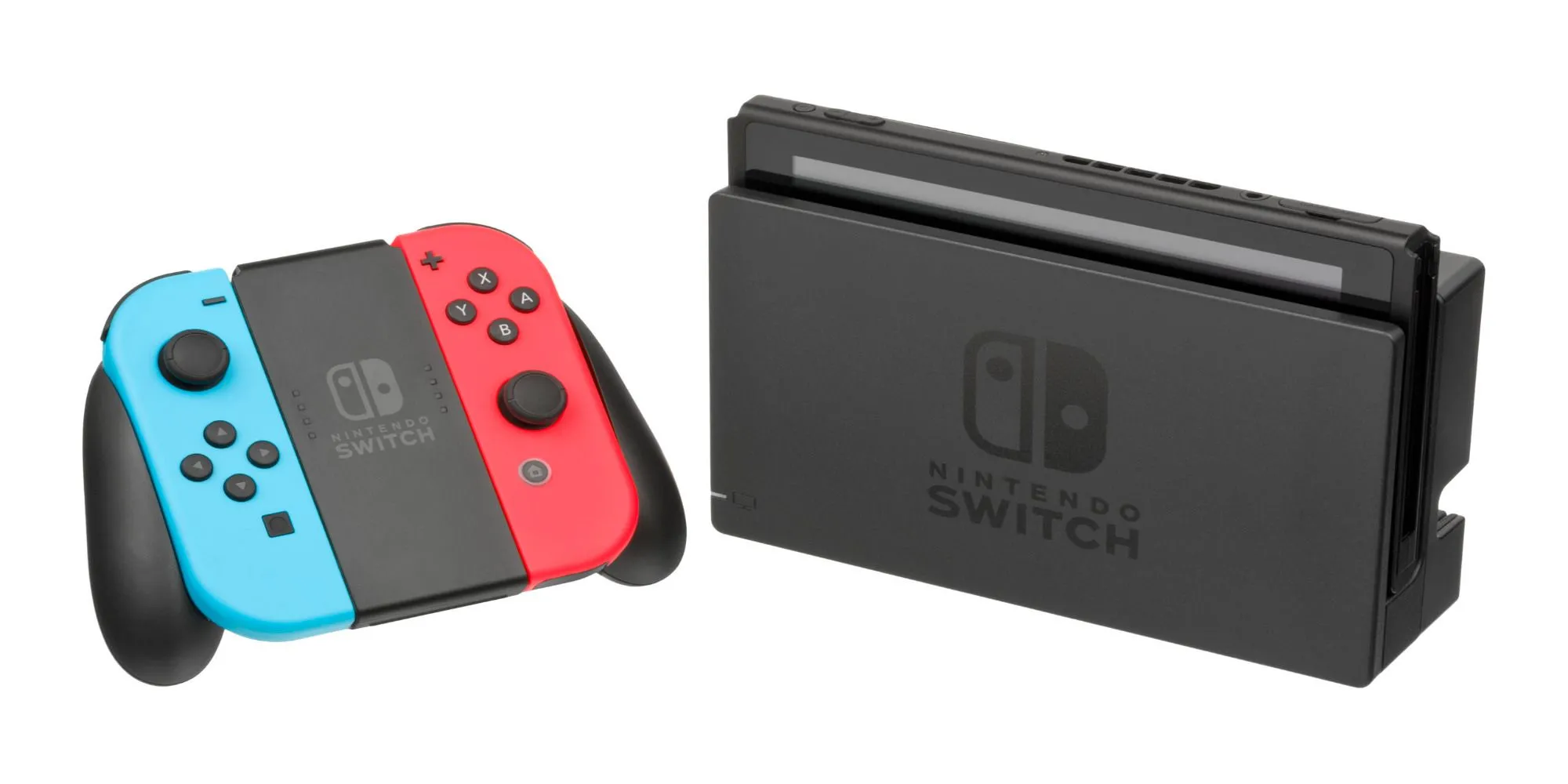Máy Nintendo Switch với Joy-Con xanh đỏ cắm vào dock trên nền trắng