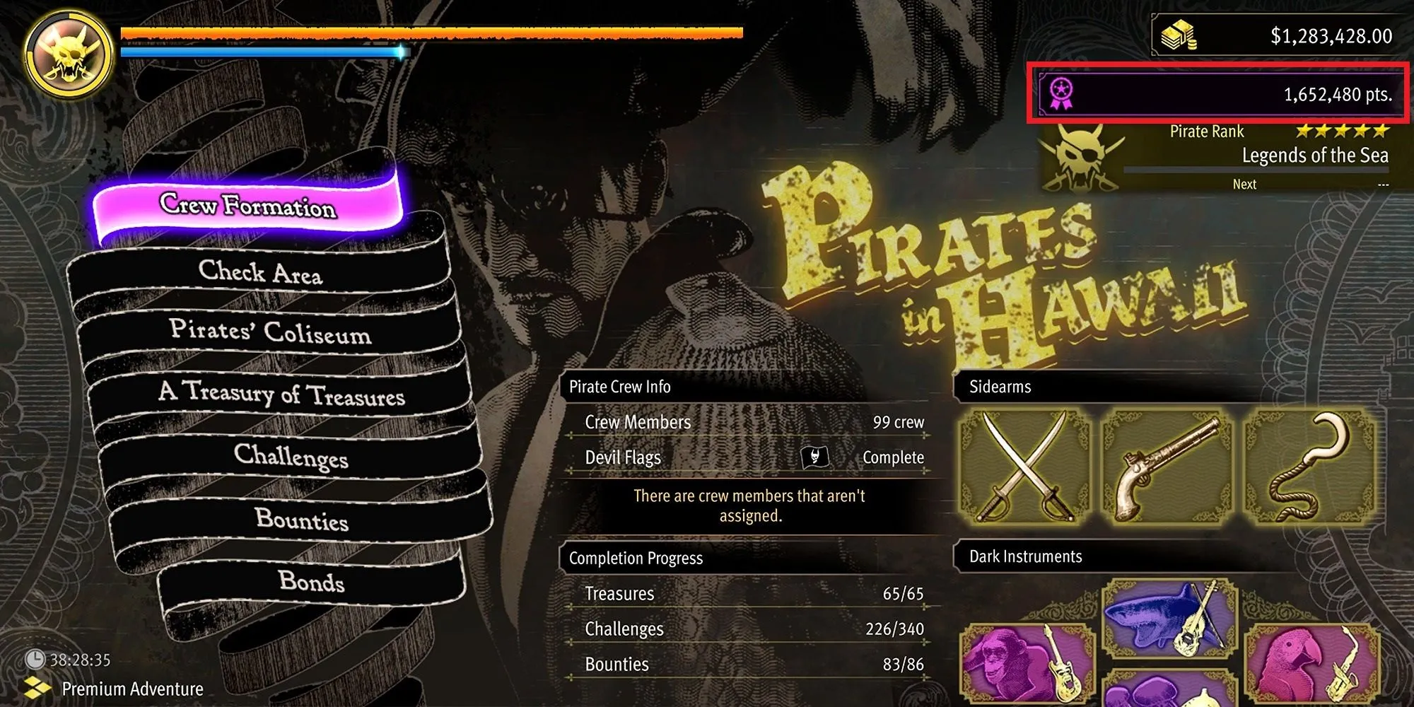 Menu hiển thị điểm Danh tiếng trong Like A Dragon: Pirate Yakuza in Hawaii