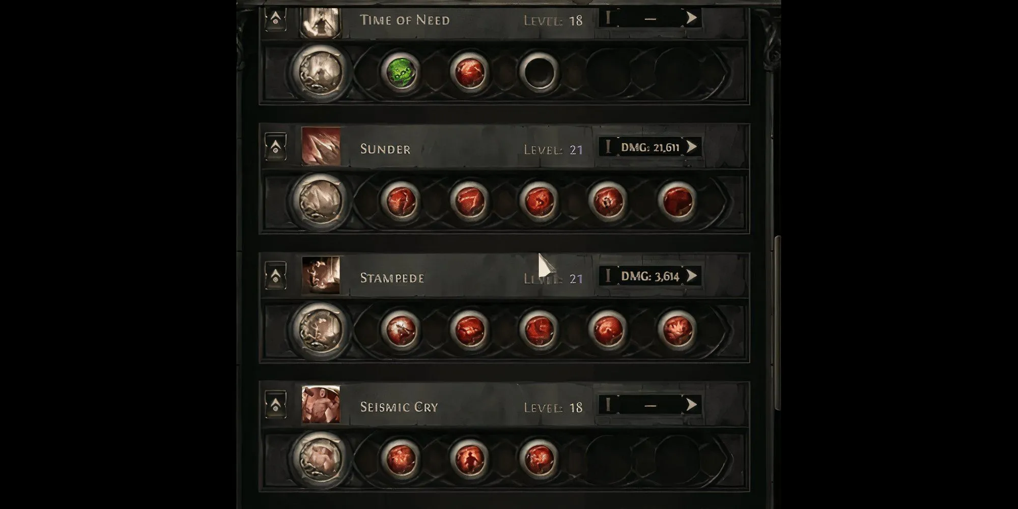 Menu kỹ năng và bảng bổ trợ của nhân vật Warrior trong Path of Exile 2, hiển thị các kỹ năng chính của build Sunder Totem Titan
