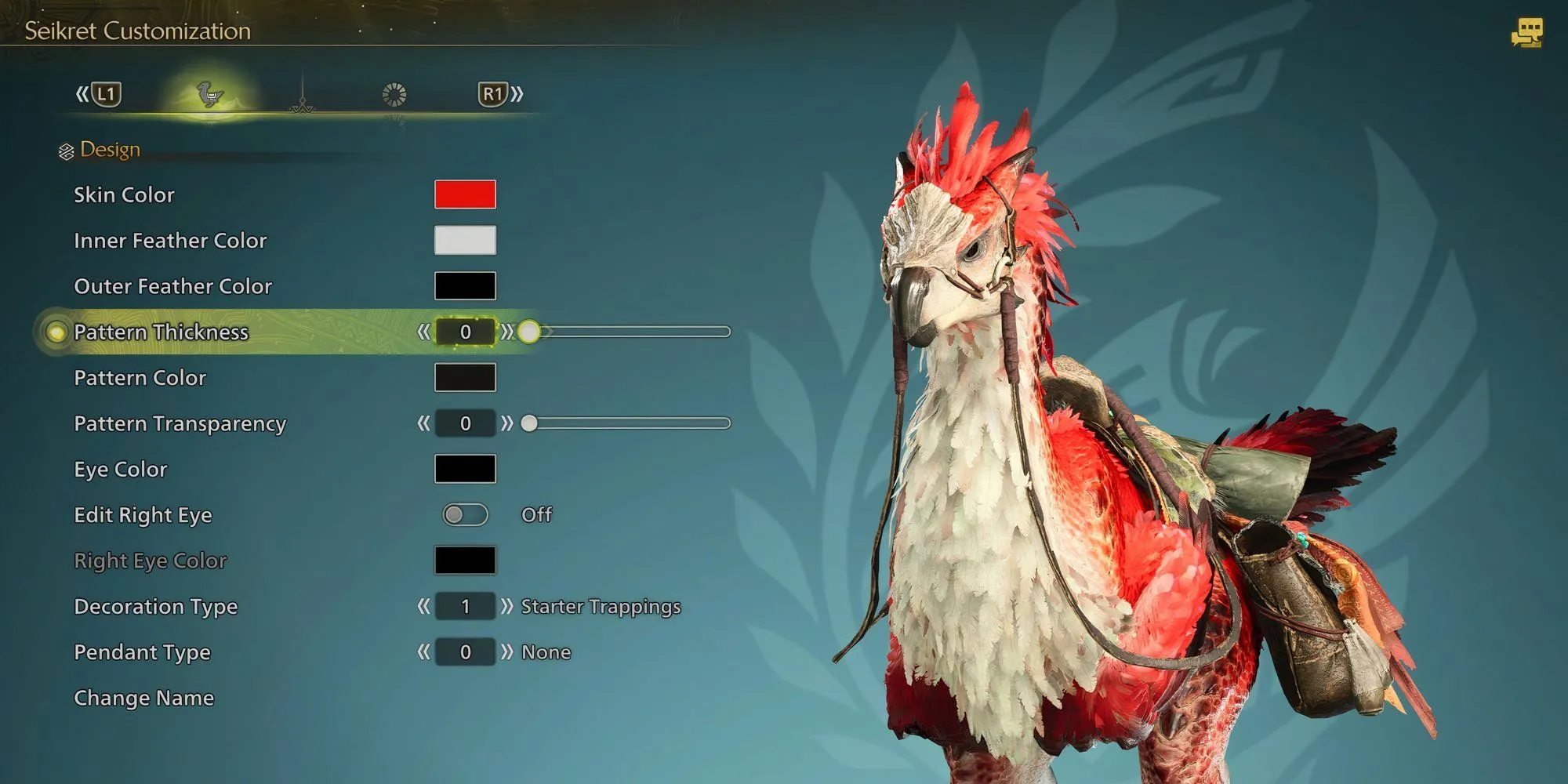 Menu tùy chọn Thiết Kế (Design) cho Seikret trong Monster Hunter Wilds, hiển thị danh sách các mục có thể thay đổi
