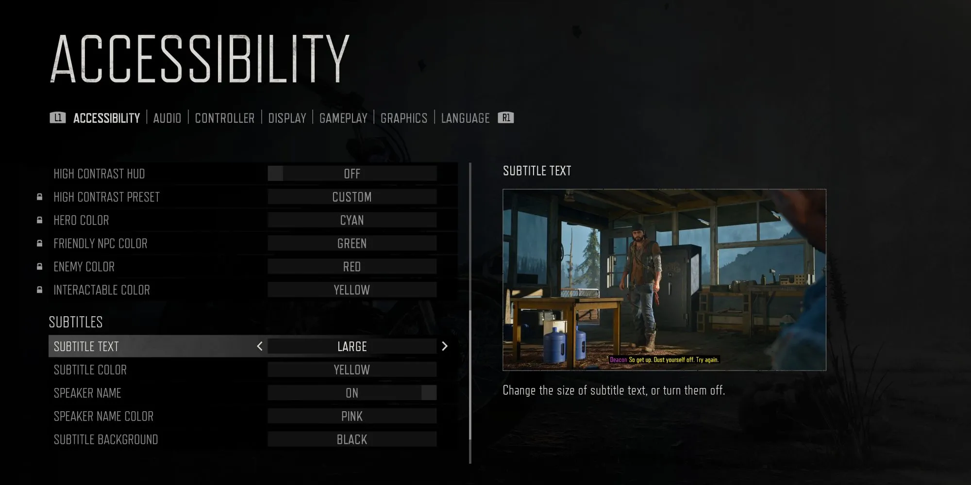 Menu tùy chọn trợ năng trong Days Gone Remastered với các cài đặt hiển thị