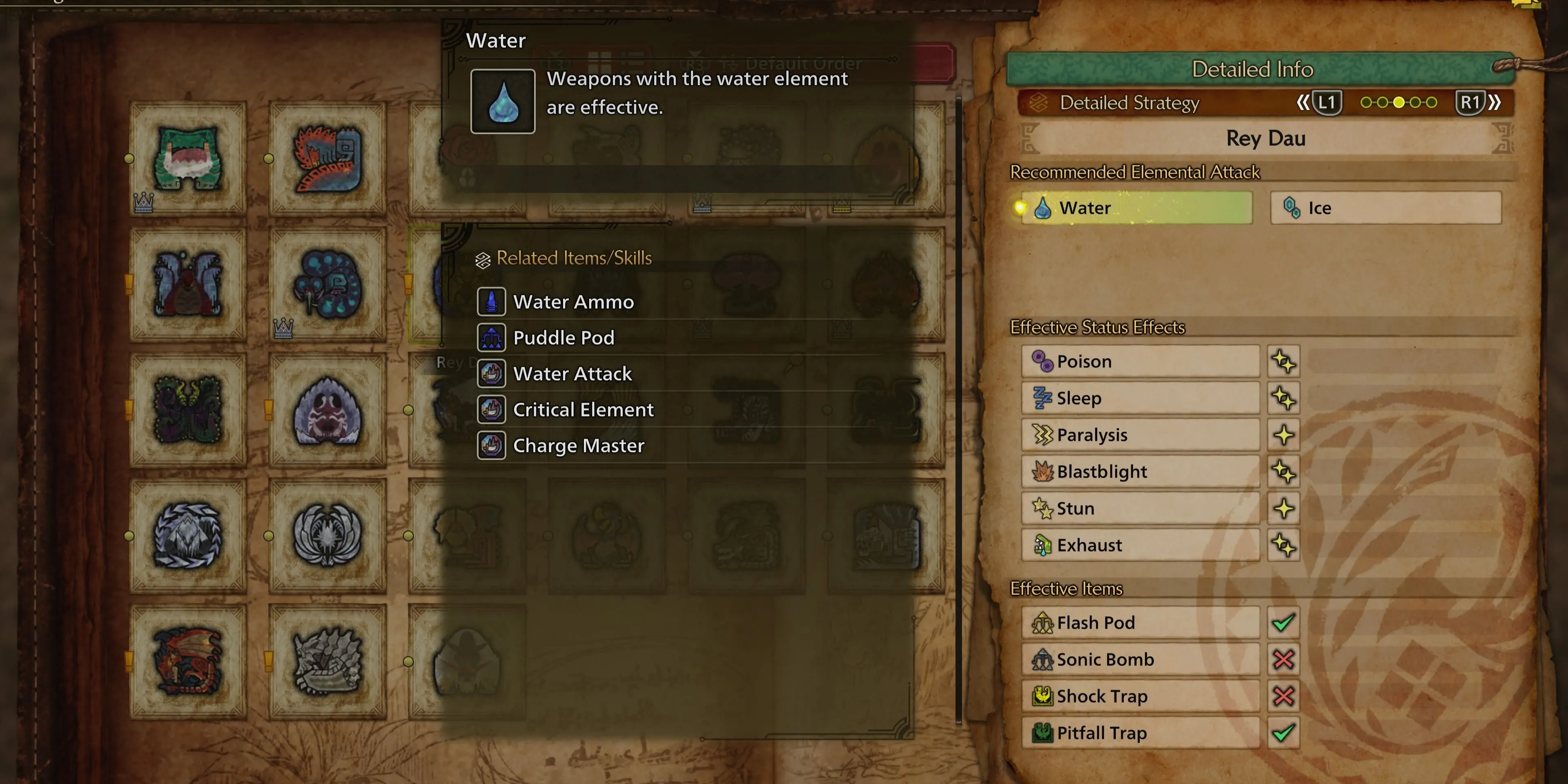 Minh họa điểm yếu và vật phẩm chuẩn bị khi săn Rey Dau trong Monster Hunter Wilds