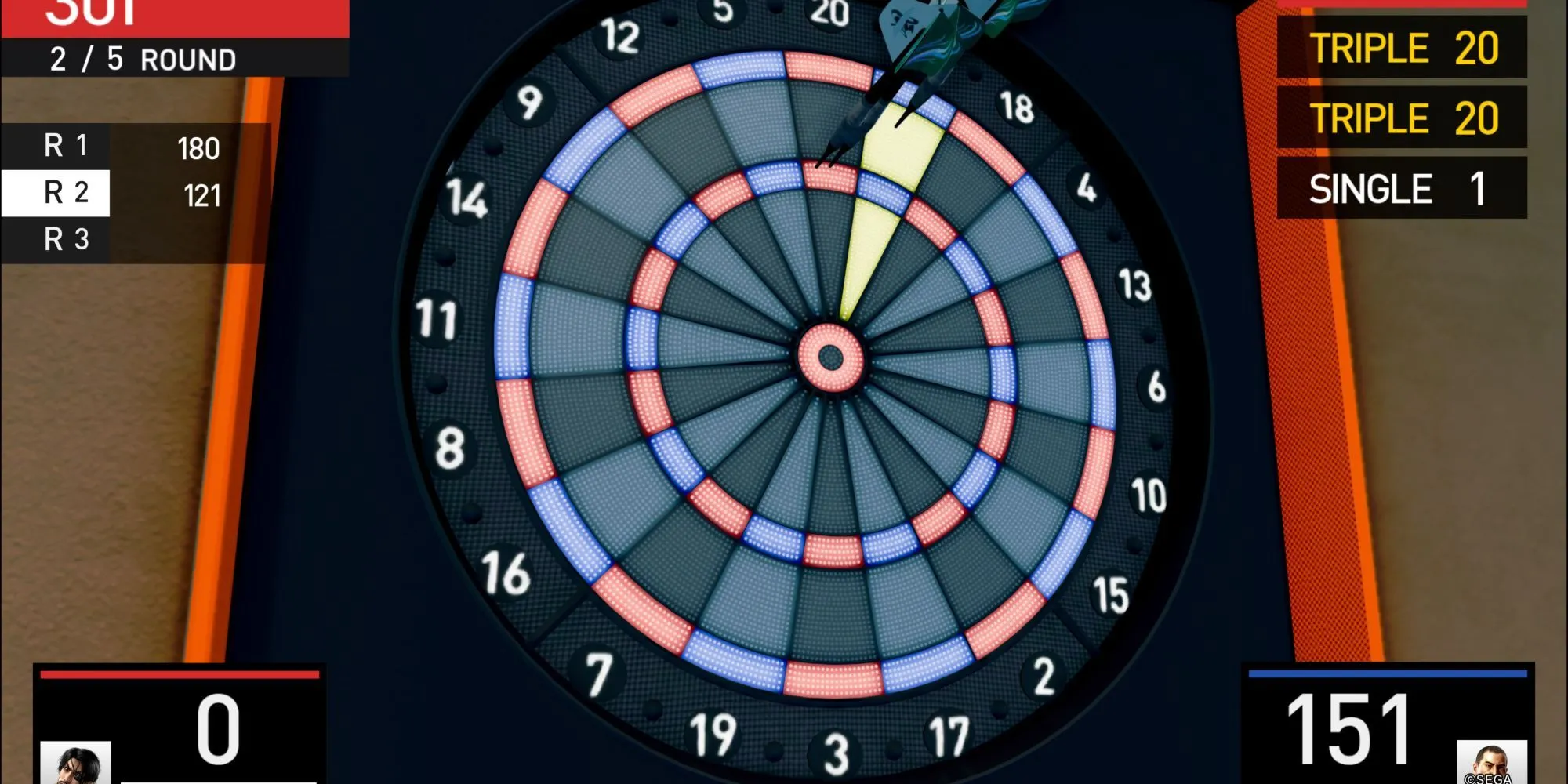 Minh họa ngắm bắn triple 20 trong minigame Darts của Pirate Yakuza