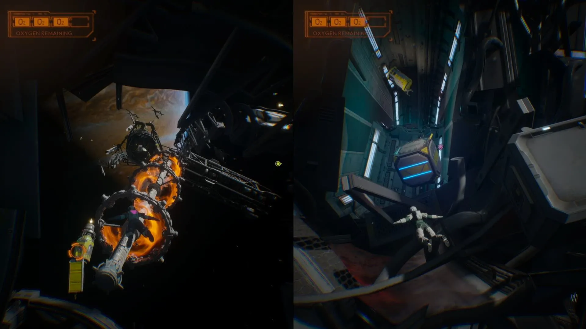 Mio và Zoe trong bộ đồ du hành tiến về phía tàu thoát hiểm nhỏ bên ngoài trạm không gian trong Split Fiction Space Escape