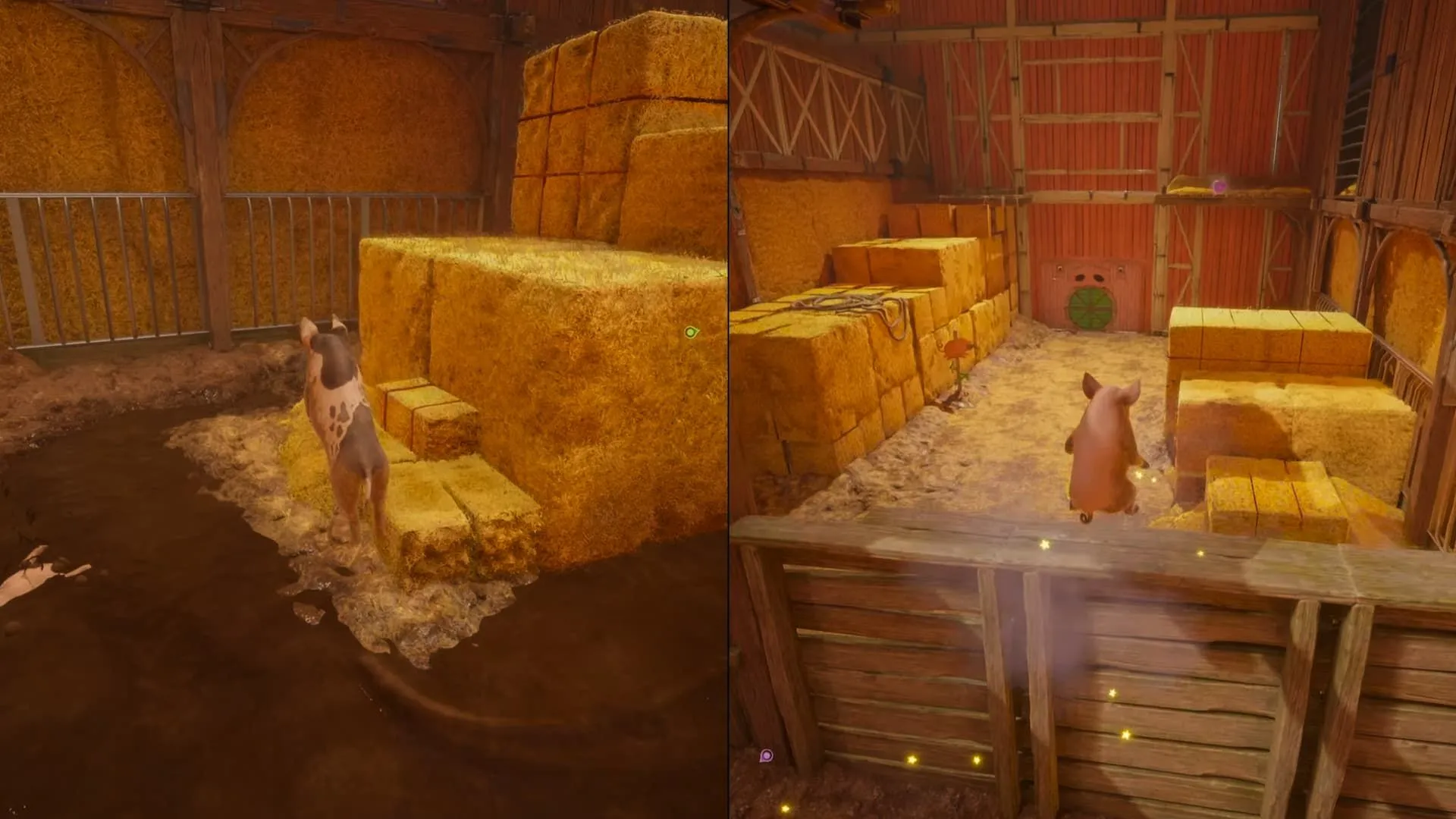 Mio và Zoe trong hình dạng heo đứng trước cửa nhà kho trong Split Fiction Farmlife