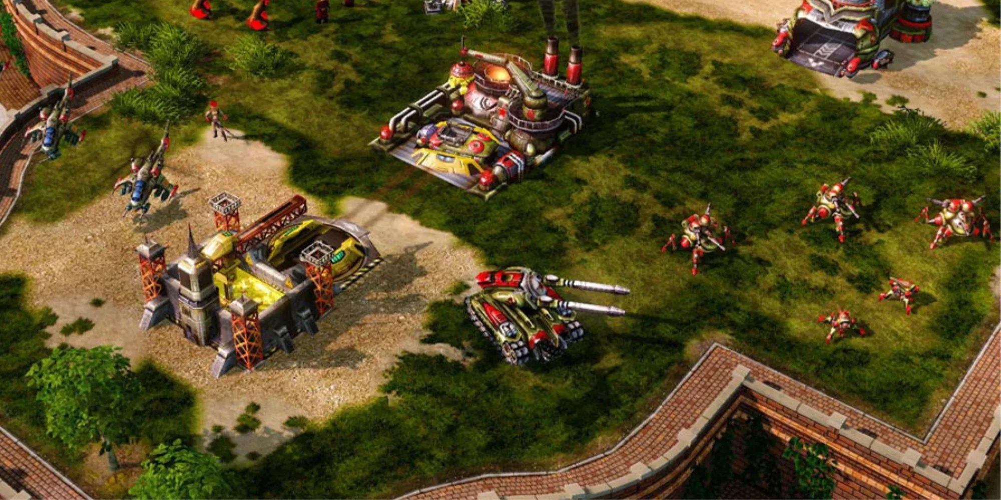Một cảnh chiến đấu hoành tráng trong Command &amp; Conquer: Red Alert 3 với các đơn vị quân sự đa dạng của các phe phái