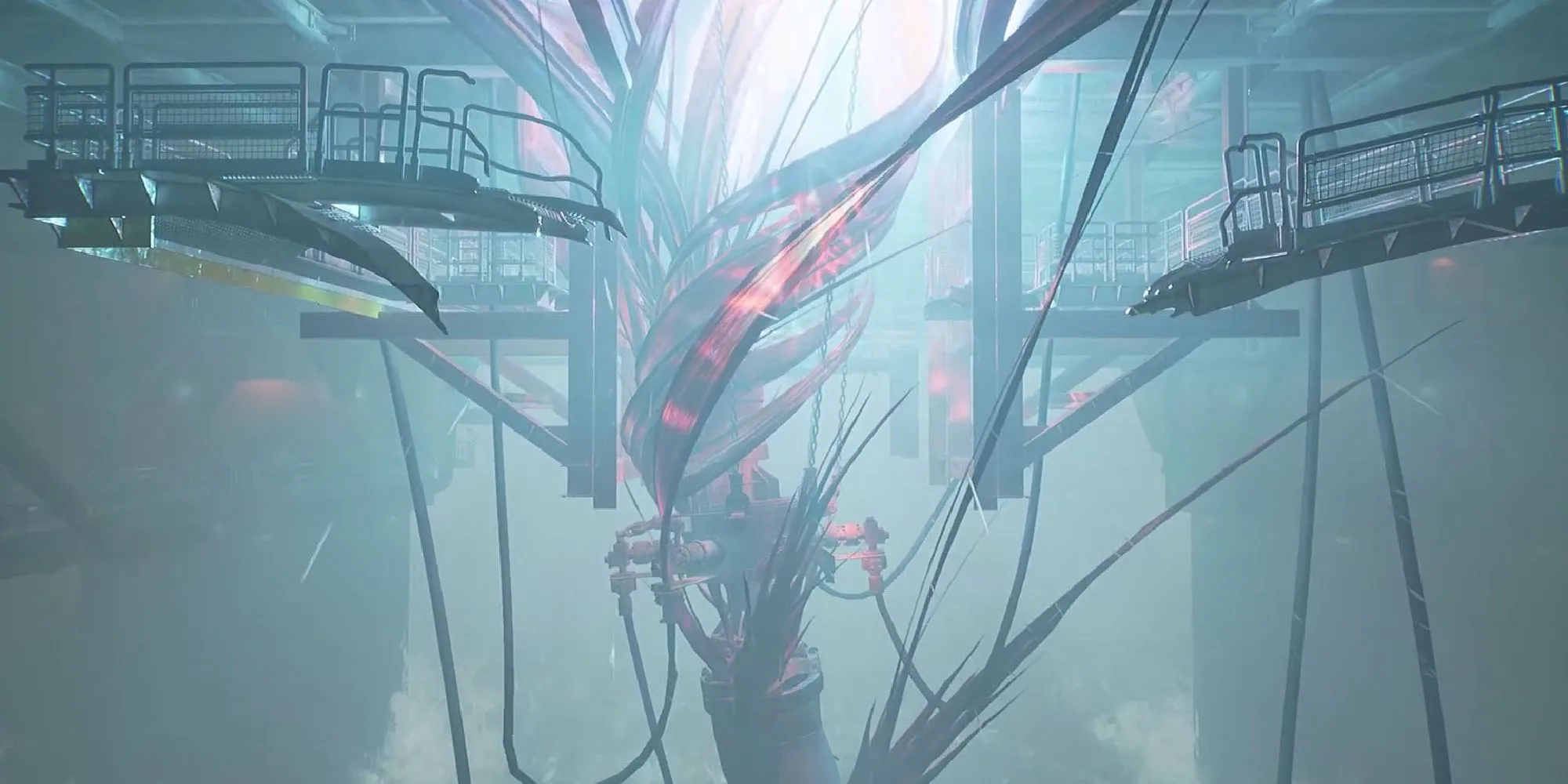 Một cảnh gameplay từ Still Wakes The Deep cho thấy nhân vật đang đối mặt với hiểm nguy trên giàn khoan dầu.