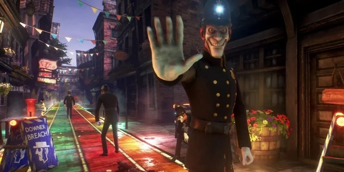 Một cảnh trong game We Happy Few với nhân vật đeo mặt nạ vui vẻ giữa bối cảnh kỳ dị, phản ánh xã hội kiểm soát bằng thuốc