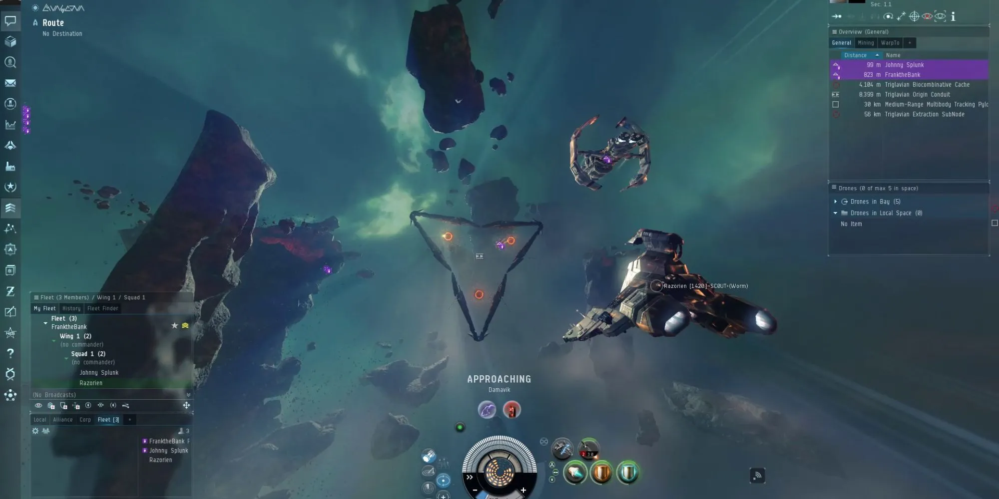 Một con tàu vũ trụ đang di chuyển trong không gian bao la của EVE Online