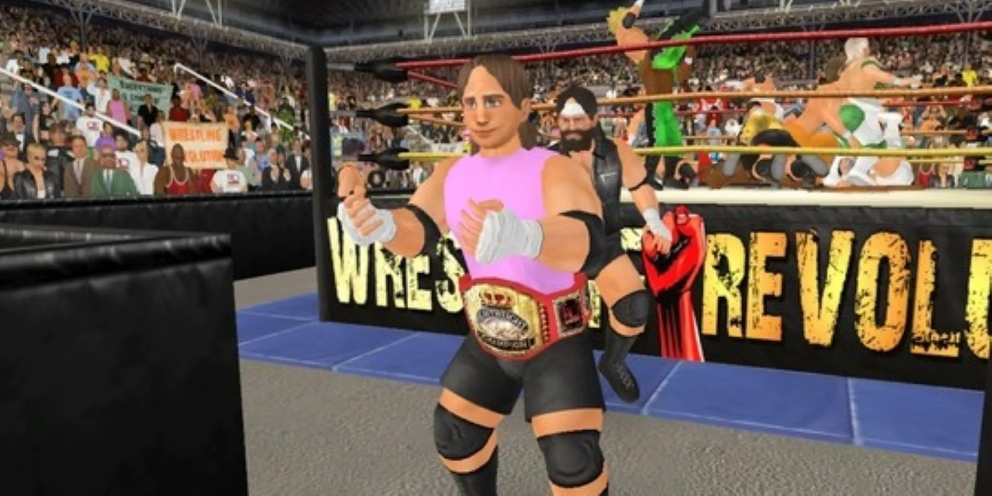 Một đô vật đứng trước võ đài cùng nhóm đô vật phía sau trong Wrestling Empire