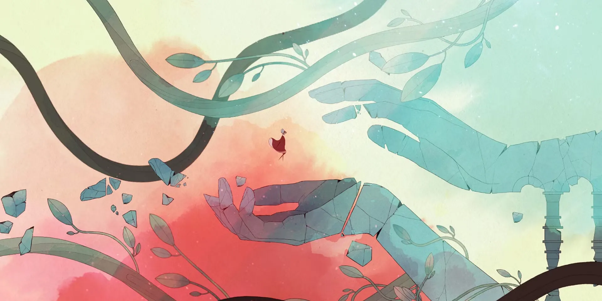 Một hình ảnh gameplay từ game GRIS với nhân vật chính đứng trong khung cảnh đầy màu sắc, biểu tượng
