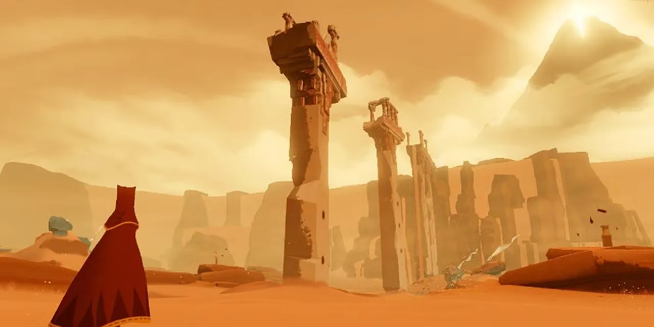 Một hình ảnh gameplay từ game Journey, cho thấy nhân vật đang đi trên cát