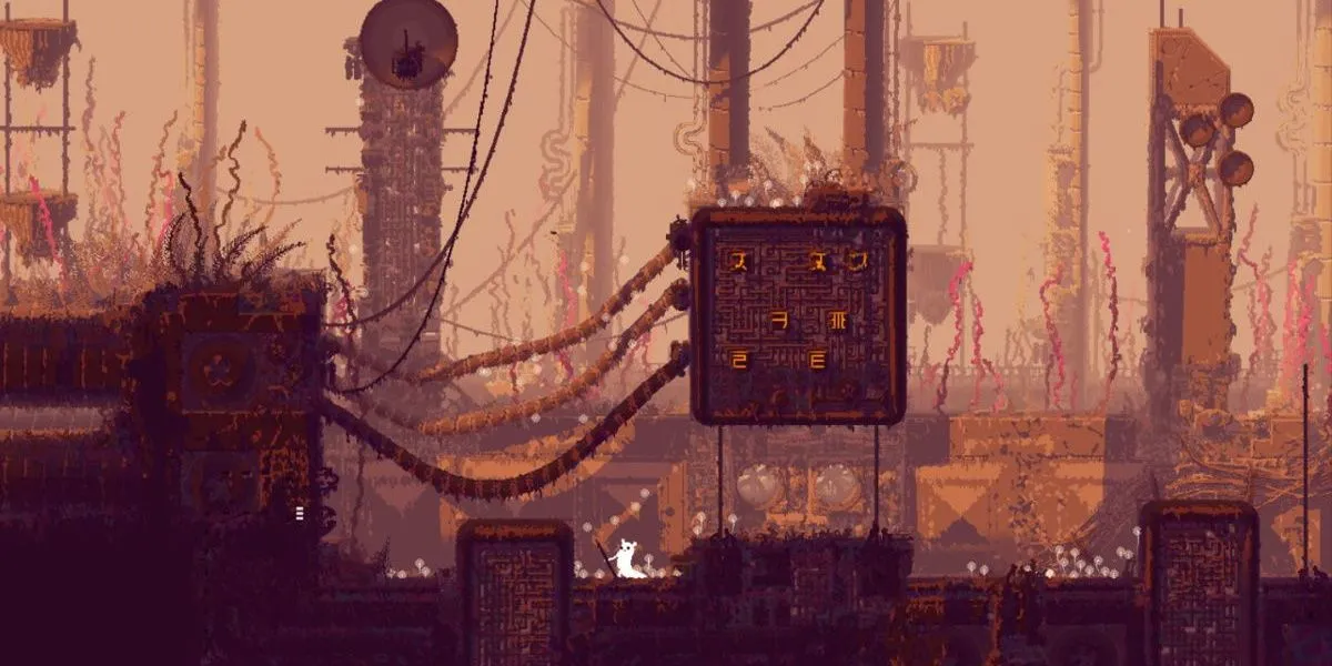 Một khu vực trong game Rain World với kiến trúc đổ nát và môi trường khắc nghiệt