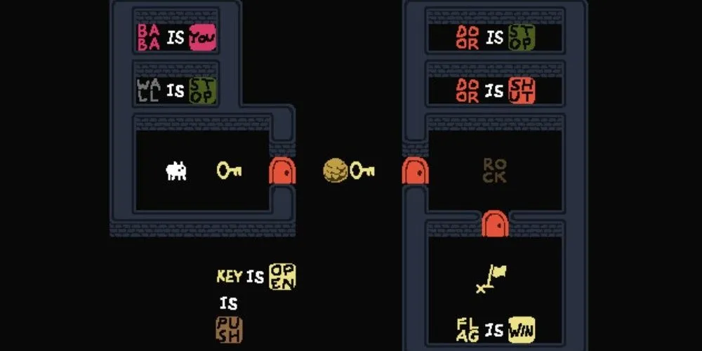 Một màn giải đố trong game Baba is You với các khối chữ và nhân vật đơn giản
