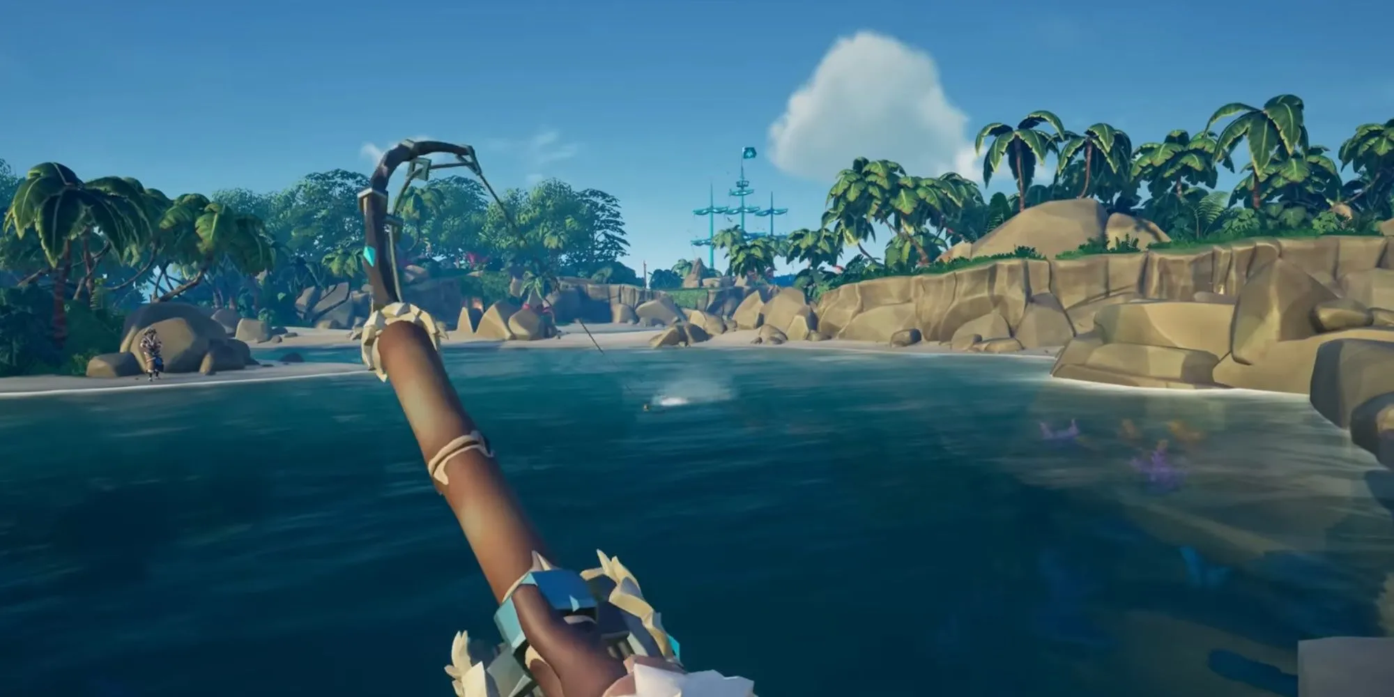 Một nhân vật đang câu cá trong Sea of Thieves với cảnh biển hoàng hôn