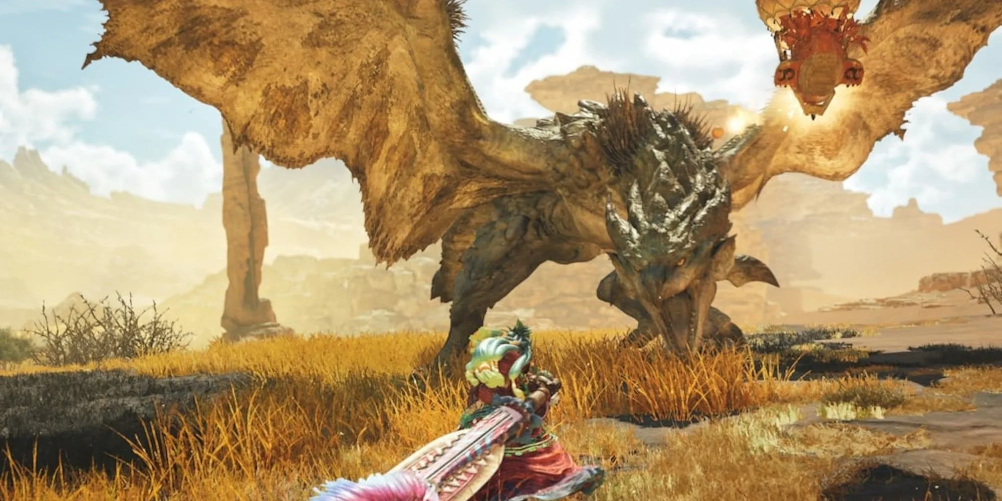 Một thợ săn đang chiến đấu với một sinh vật rồng khổng lồ trong Monster Hunter Wilds giữa khung cảnh thiên nhiên hoang dã
