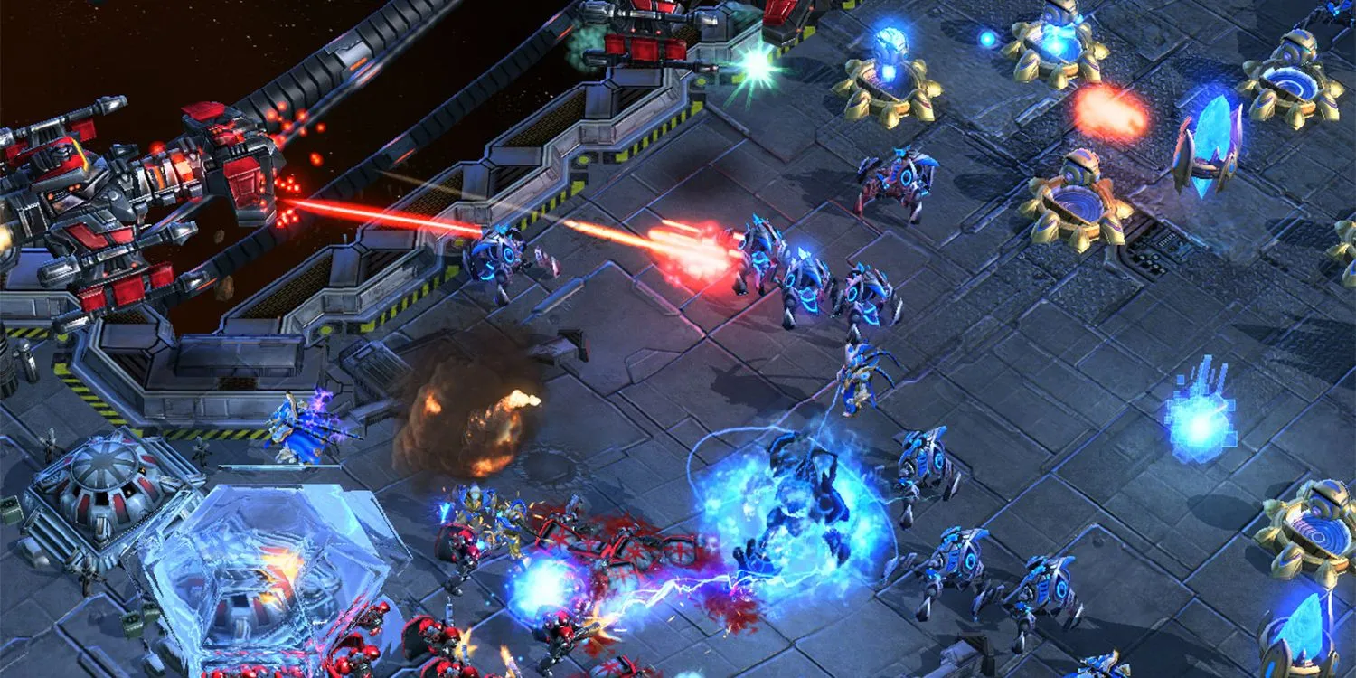 Một trận chiến quy mô lớn trong game chiến thuật StarCraft II với nhiều đơn vị và hiệu ứng đặc sắc