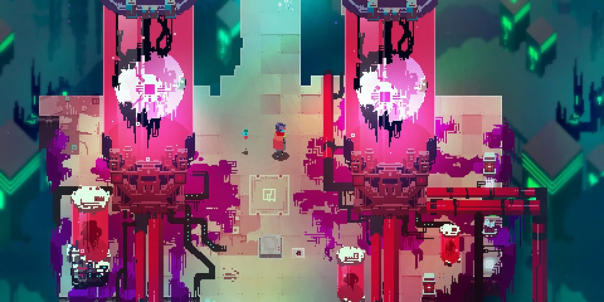 Nền tảng trôi nổi trong khung cảnh đầy màu sắc và bí ẩn của game Hyper Light Drifter