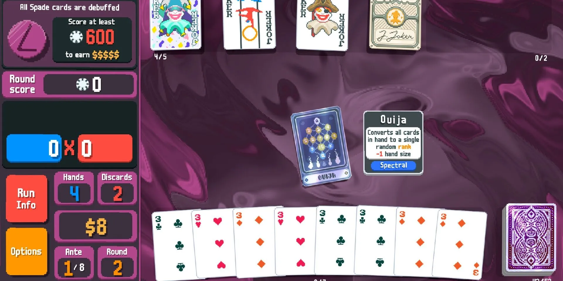 Người chơi đang sử dụng lá bài Ouija trong một ván game thẻ bài Balatro trên PC