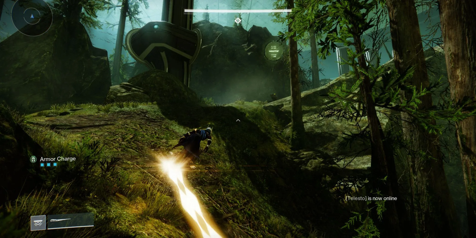 Người chơi Destiny 2 trong khu vực tối, chuẩn bị tiến vào khu vực tiếp theo của Màn 1 Ghosts of the Deep