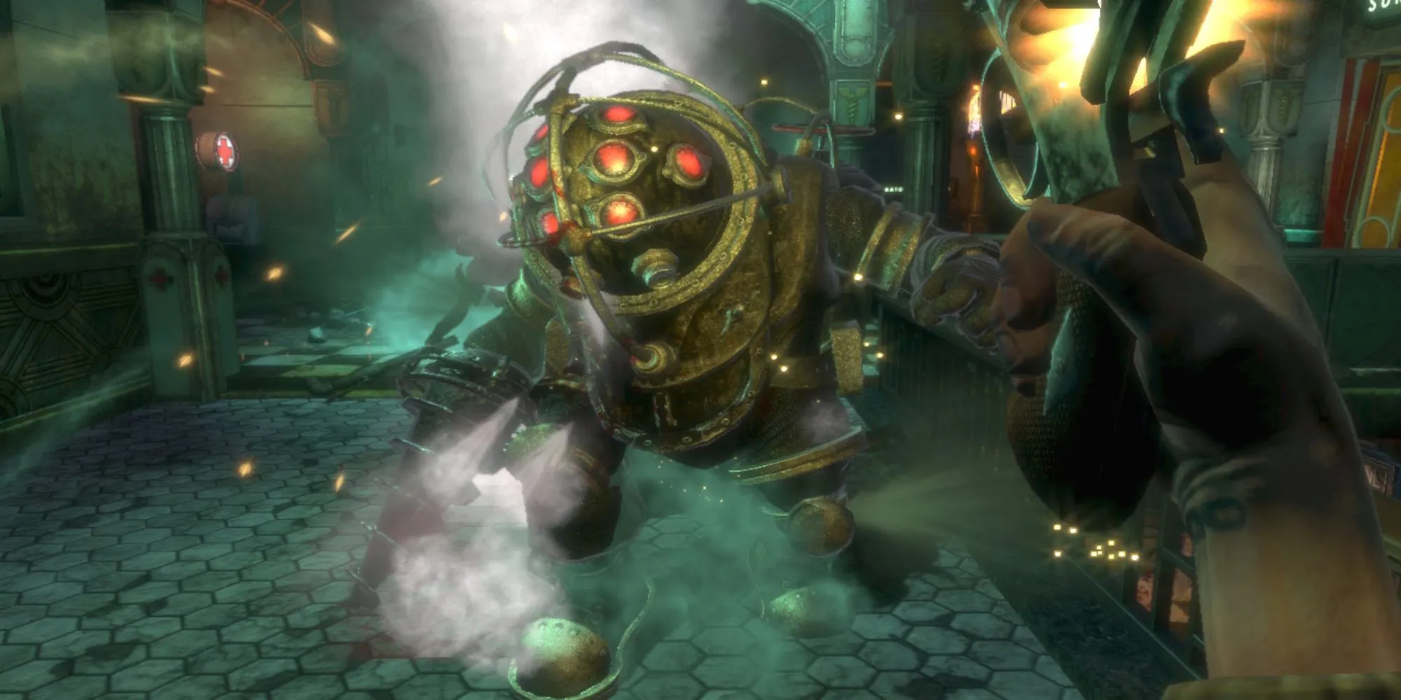 Người chơi đối đầu với Big Daddy trong thế giới dưới nước Rapture của BioShock