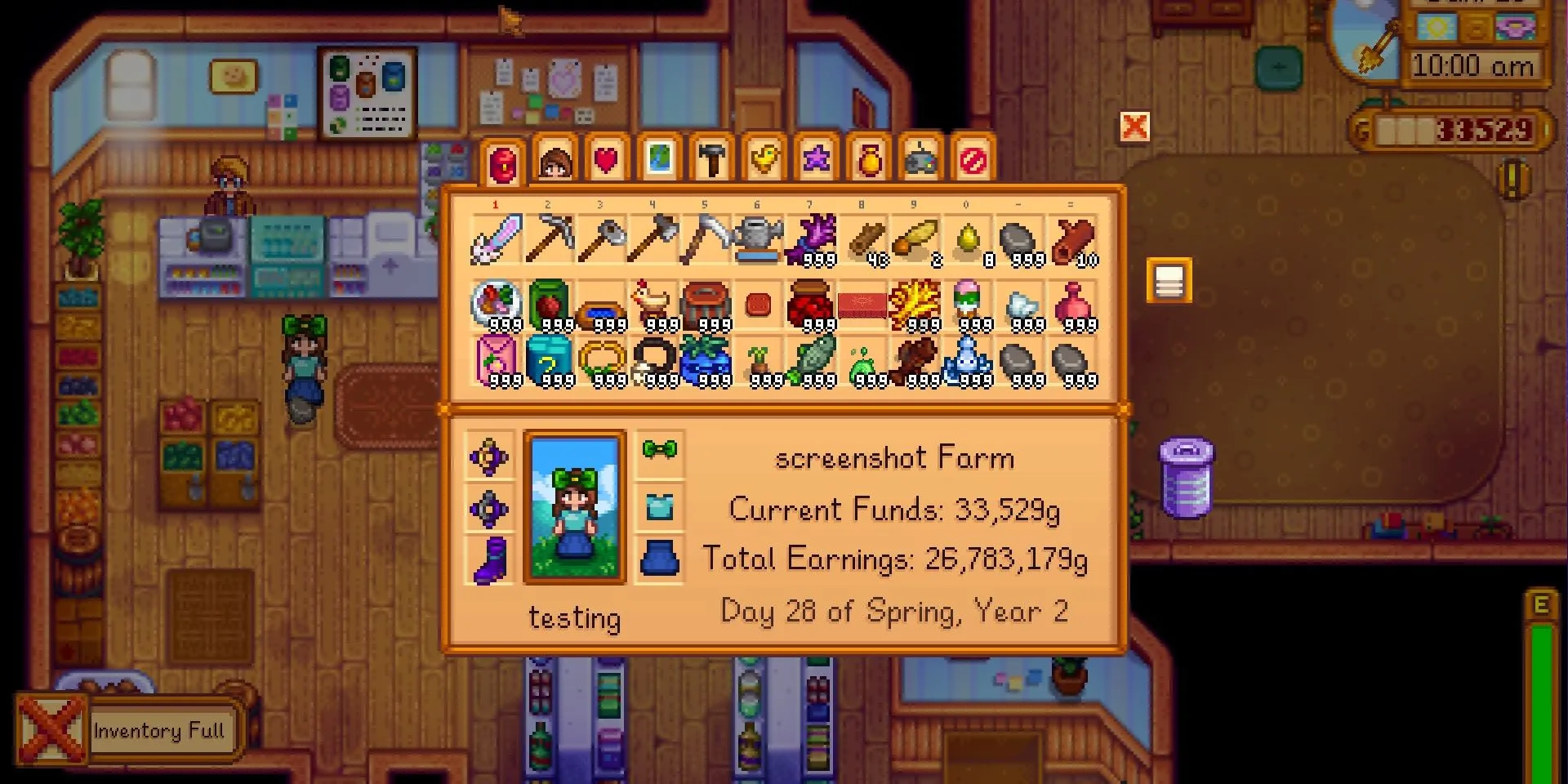 Người chơi Stardew Valley với ba lô được nâng cấp đầy ắp vật phẩm.