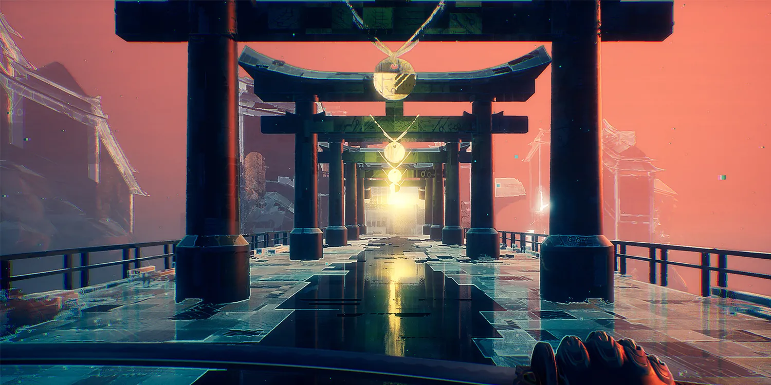 Người máy ninja Ghostrunner đang thực hiện pha parkour nguy hiểm trong thành phố cyberpunk