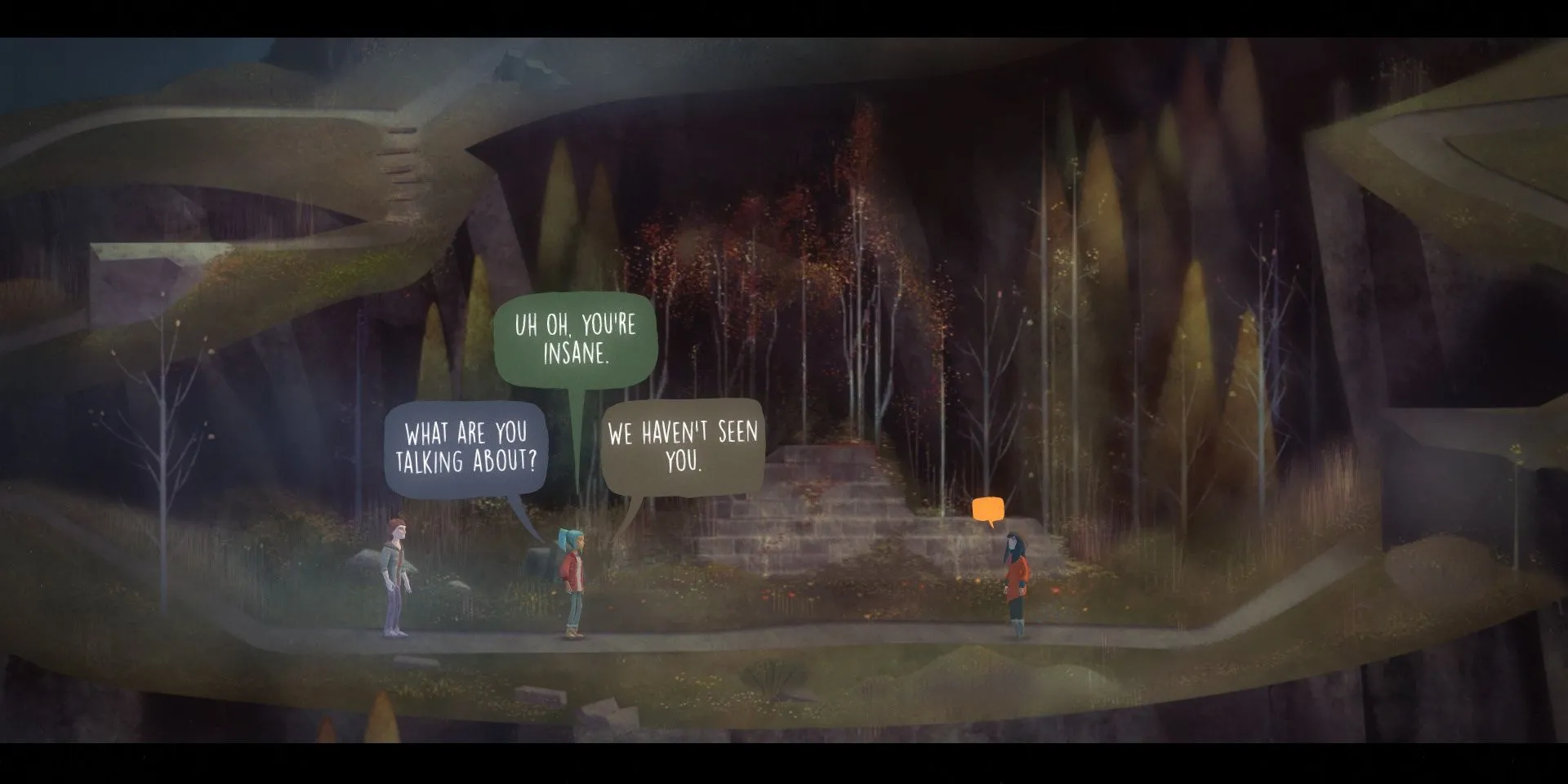 Nhân vật Alex đang đứng trước các lựa chọn hội thoại quan trọng trong game Oxenfree.