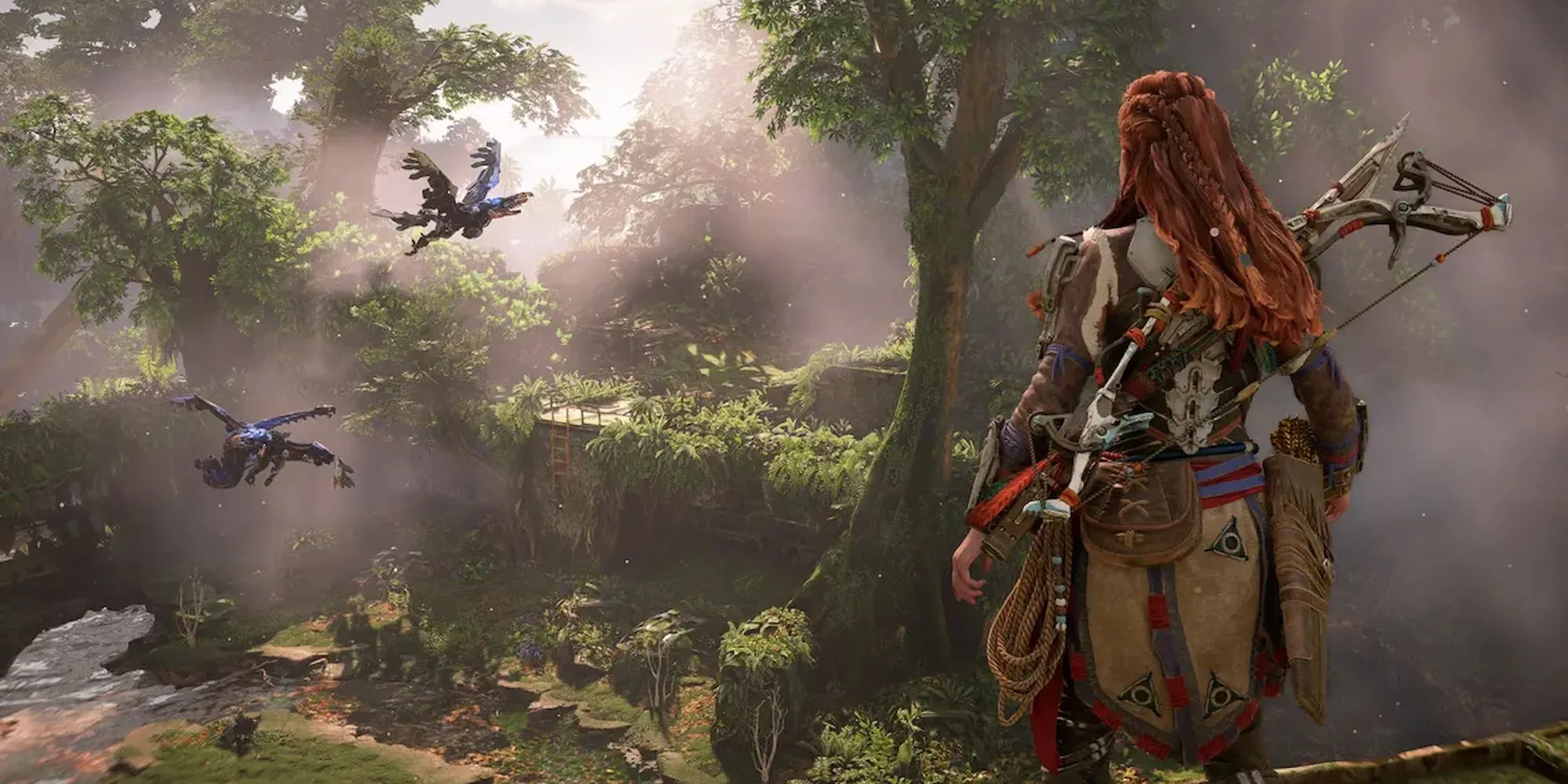 Nhân vật Aloy trong Horizon Forbidden West đang nhìn ra một vách đá hùng vĩ với cảnh quan thiên nhiên và máy móc