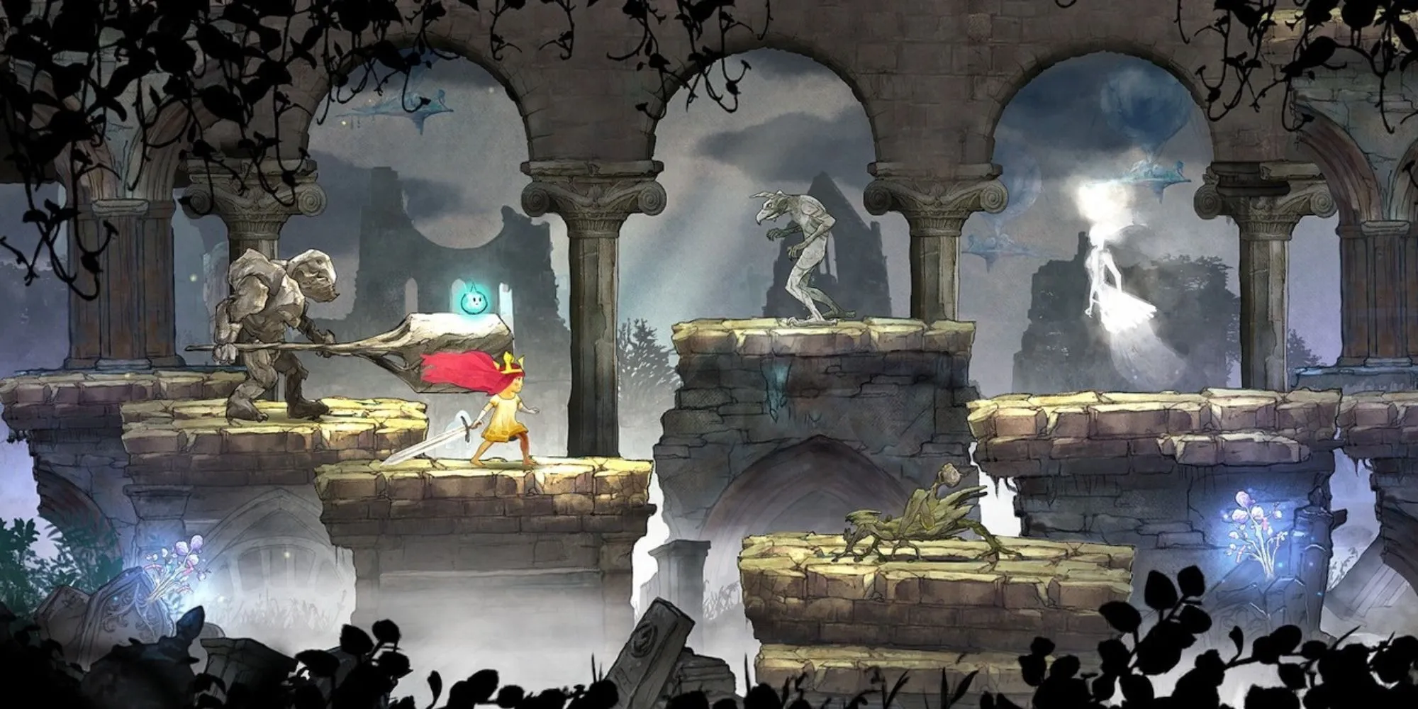 Nhân vật Aurora chiến đấu trong game Child of Light với phong cách đồ họa vẽ tay