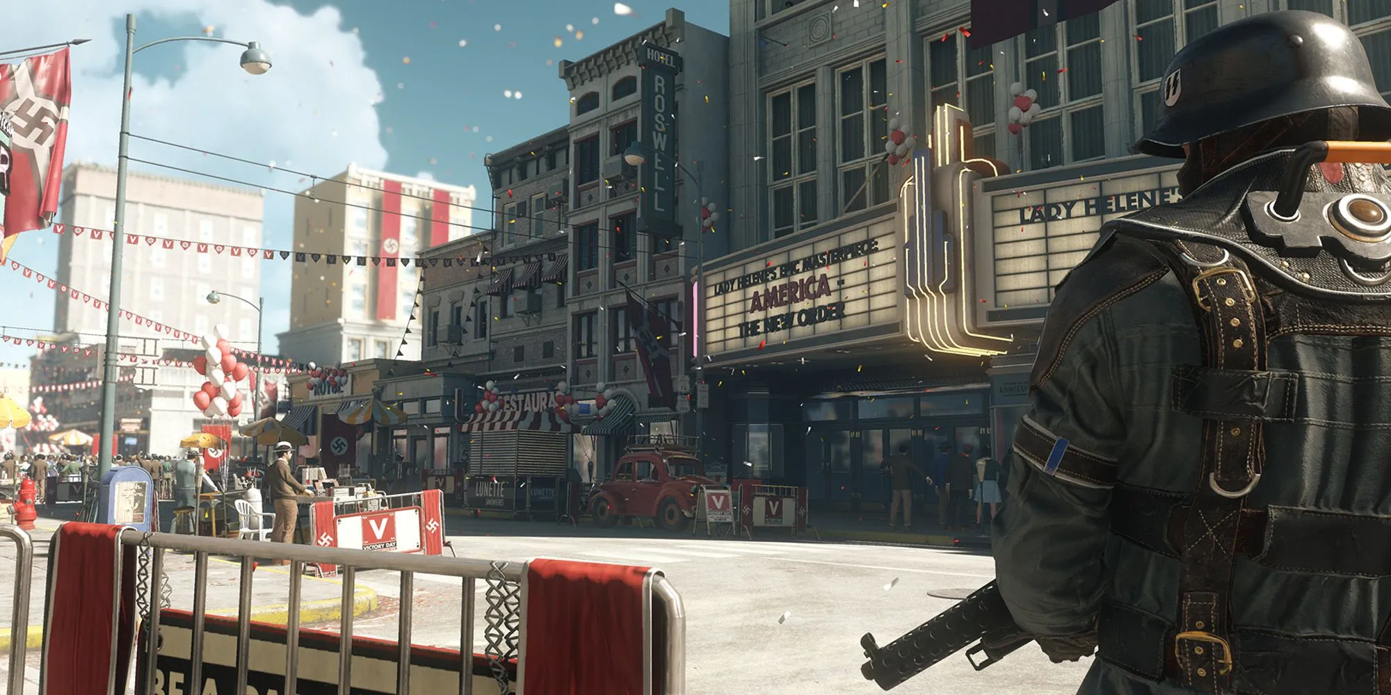 Nhân vật B.J. Blazkowicz trong game Wolfenstein chiến đấu chống lại quân đội Đức Quốc xã trong một bối cảnh lịch sử thay thế
