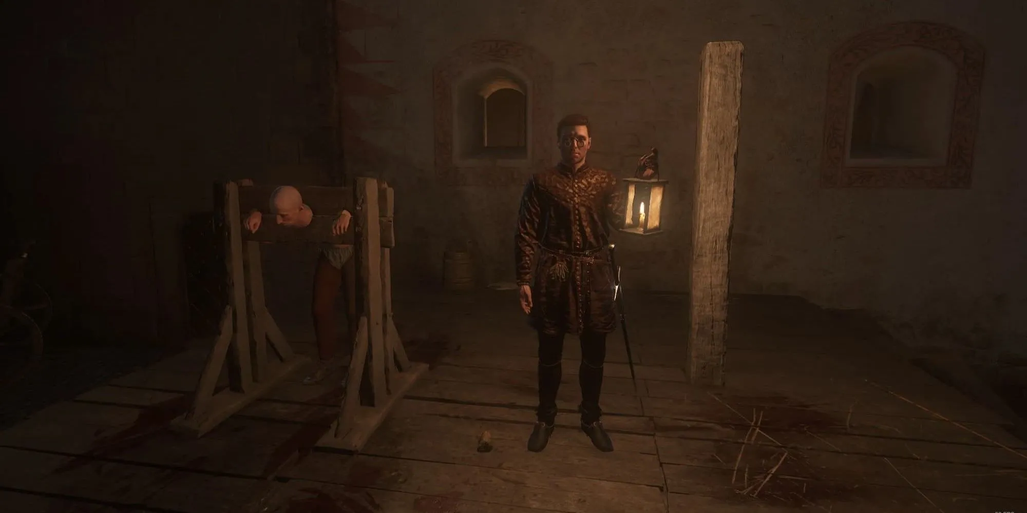 Nhân vật cầm đèn lồng trong game Kingdom Come Deliverance 2 với mod Equippable Lamp