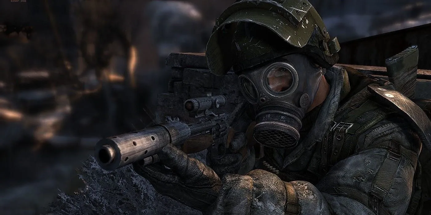 Nhân vật chính Artyom trong game Metro 2033 Redux với bối cảnh đường hầm tàu điện ngầm Moscow tăm tối