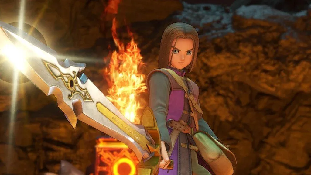 Nhân vật chính cầm kiếm trong Dragon Quest XI S Echoes of an Elusive Age