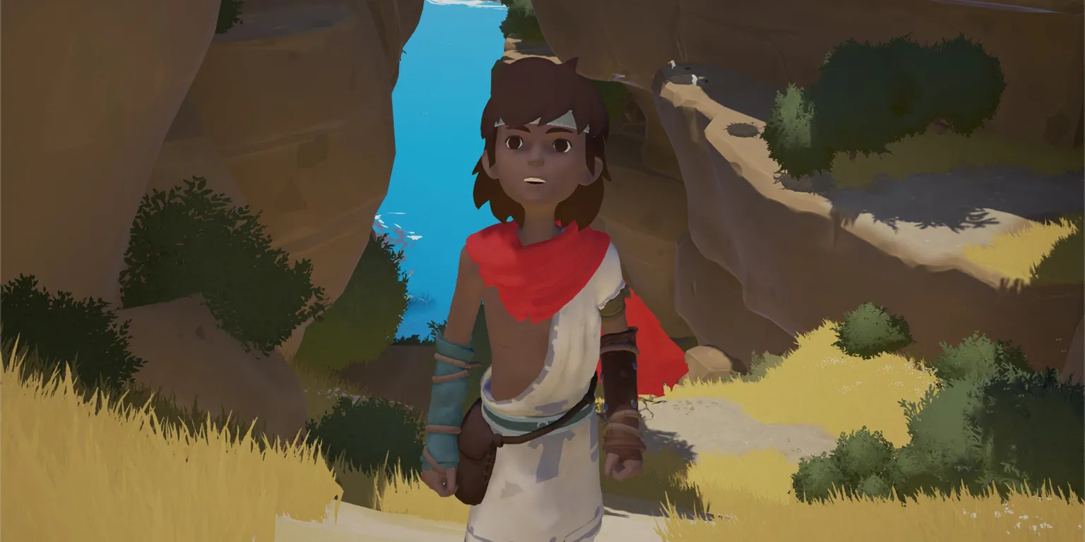 Nhân vật chính cùng cáo đồng hành trong khung cảnh đầy màu sắc của game Rime