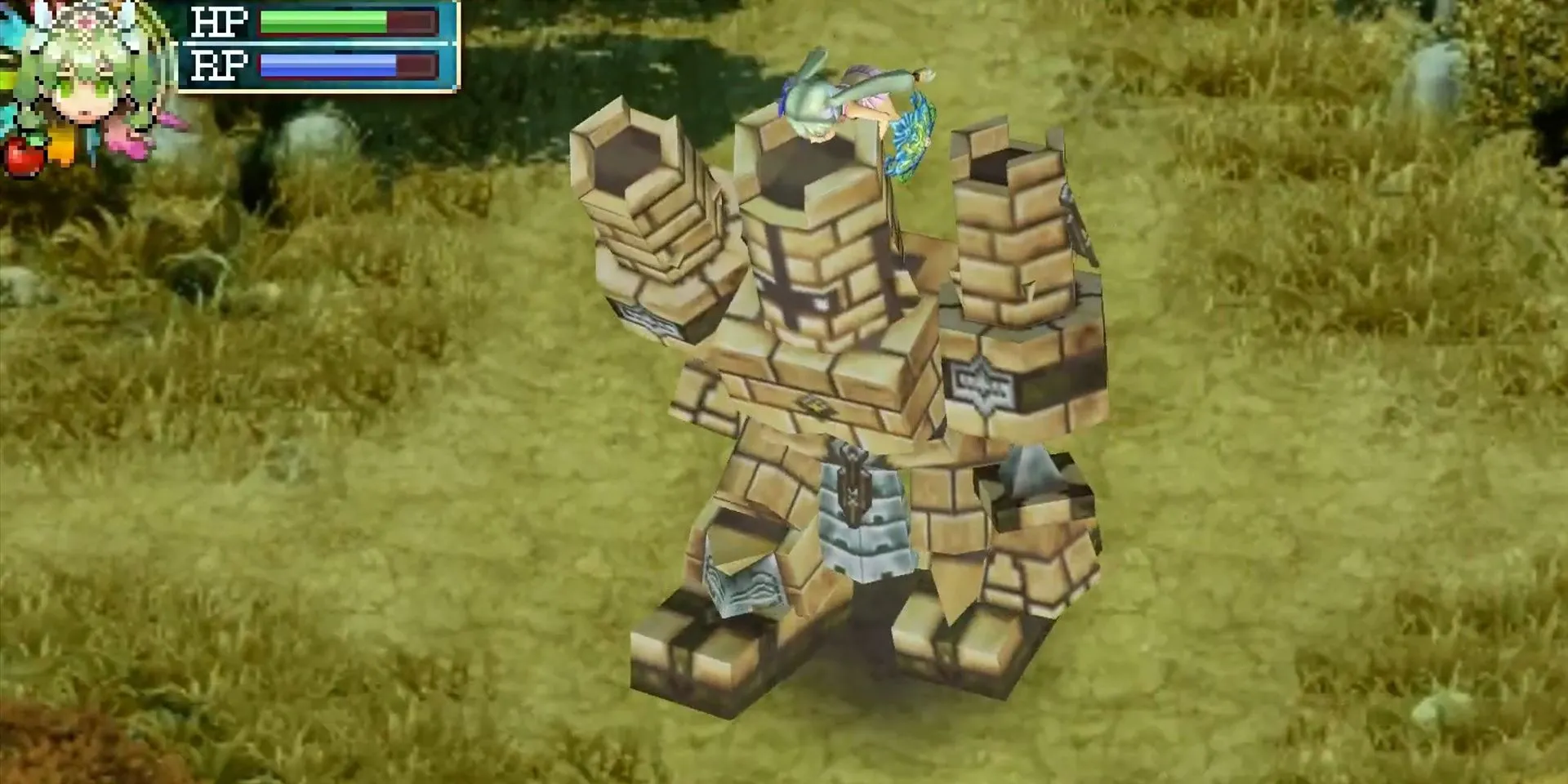 Nhân vật chính cưỡi một Golem to lớn trong thế giới Rune Factory 4