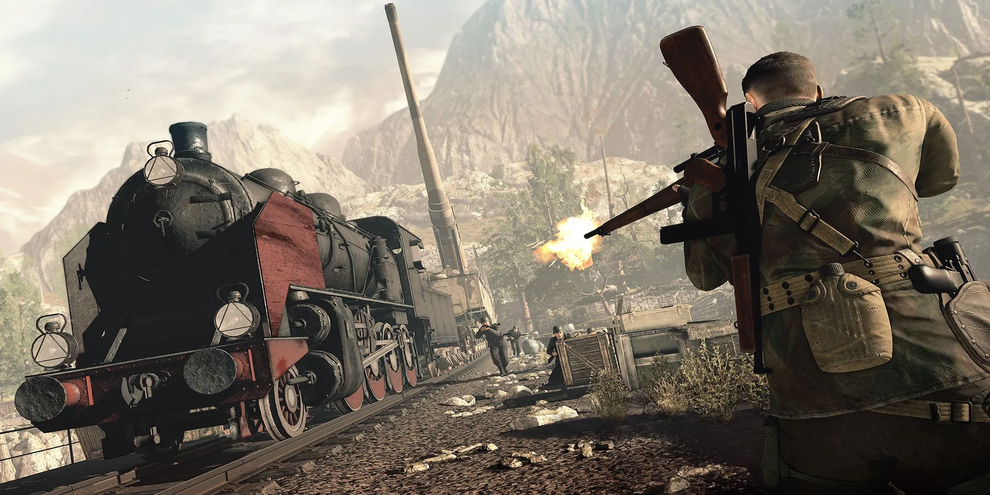 Nhân vật chính đang chiến đấu với kẻ thù trong game Sniper Elite 4, một tựa game bắn súng lấy bối cảnh Thế chiến 2