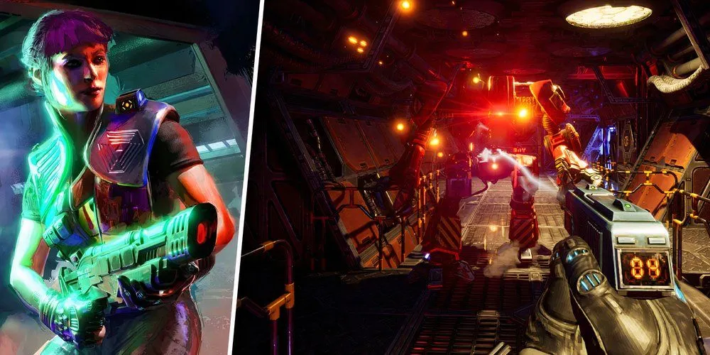 Nhân vật chính đối đầu robot trong hành lang trạm không gian Citadel của System Shock Remake