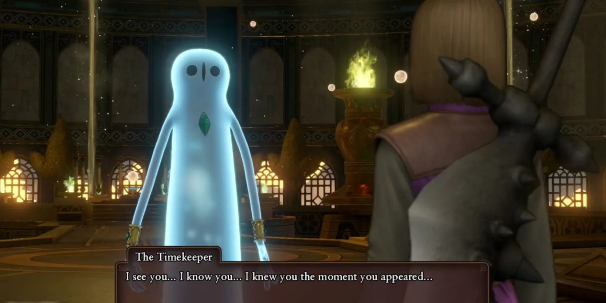 Nhân vật chính Luminary trong Dragon Quest XI đứng trước Tháp Thời Gian Đã Mất