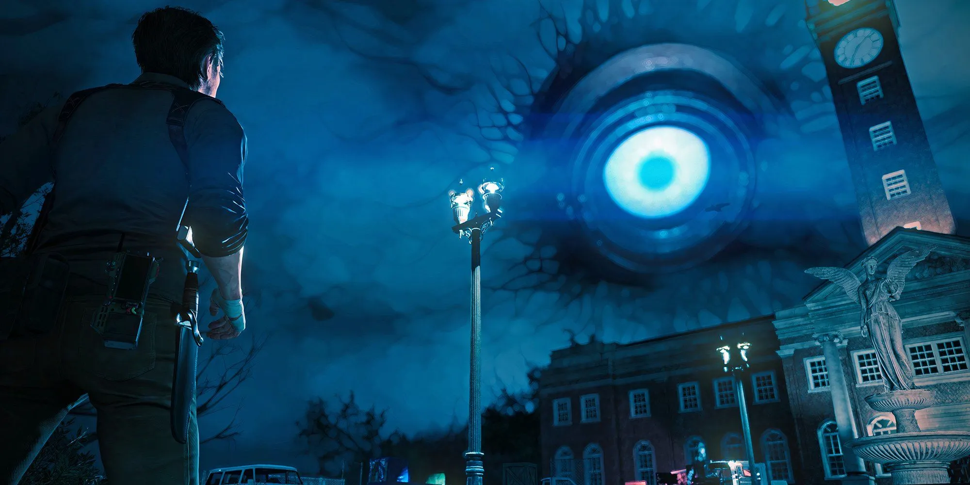 Nhân vật chính Sebastian Castellanos trong The Evil Within 2 nhìn lên bầu trời nơi có con mắt khổng lồ