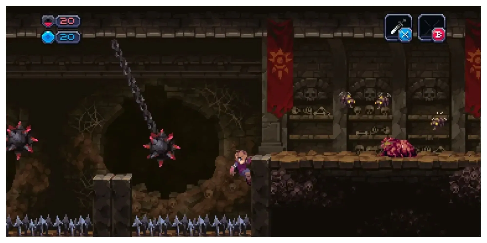 Nhân vật chính trong Chasm đứng trước lối vào hang động tối tăm, đồ họa pixel chi tiết