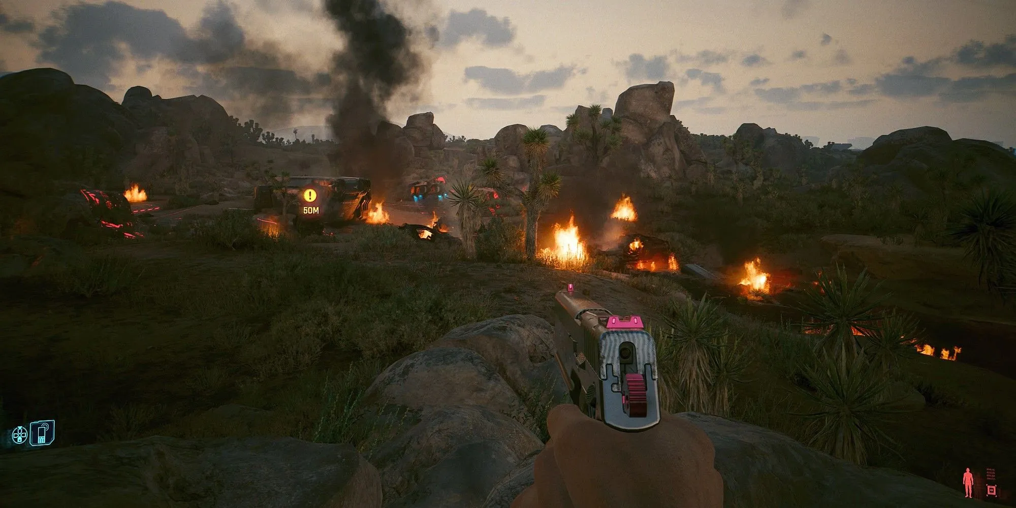 Nhân vật chính trong Cyberpunk 2077 đang đấu súng góc nhìn thứ nhất tại Badlands