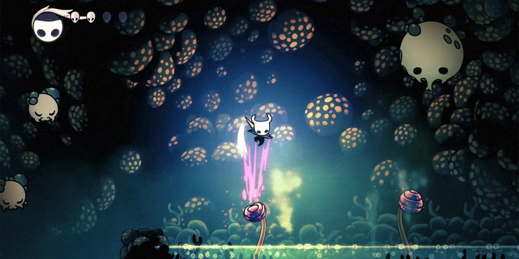 Nhân vật chính trong Hollow Knight đang nhảy trên một cái cây trong môi trường hang động tối tăm