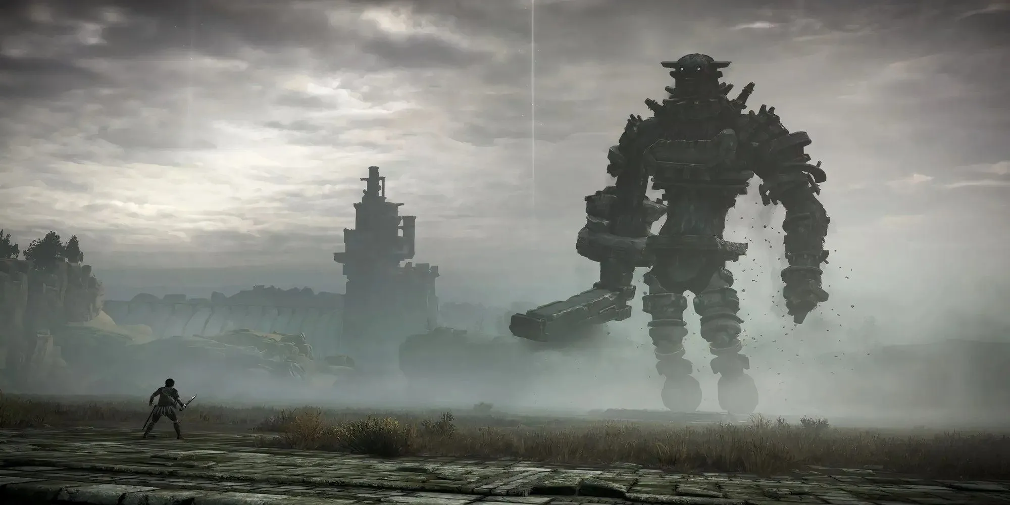 Nhân vật chính Wander đối mặt với một trong những Colossus khổng lồ trong Shadow of the Colossus.