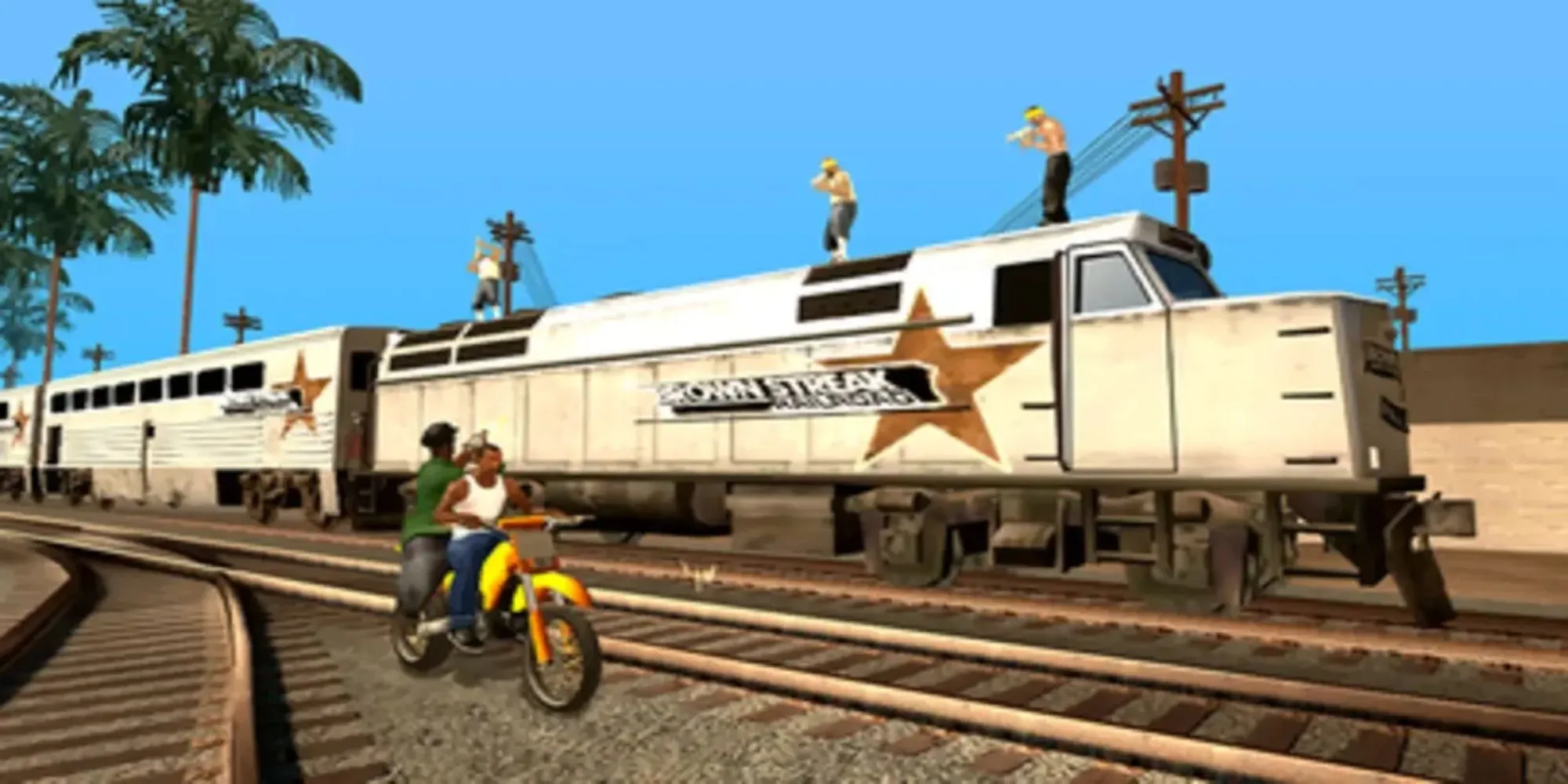 Nhân vật CJ từ GTA San Andreas đứng trước garage ở Grove Street