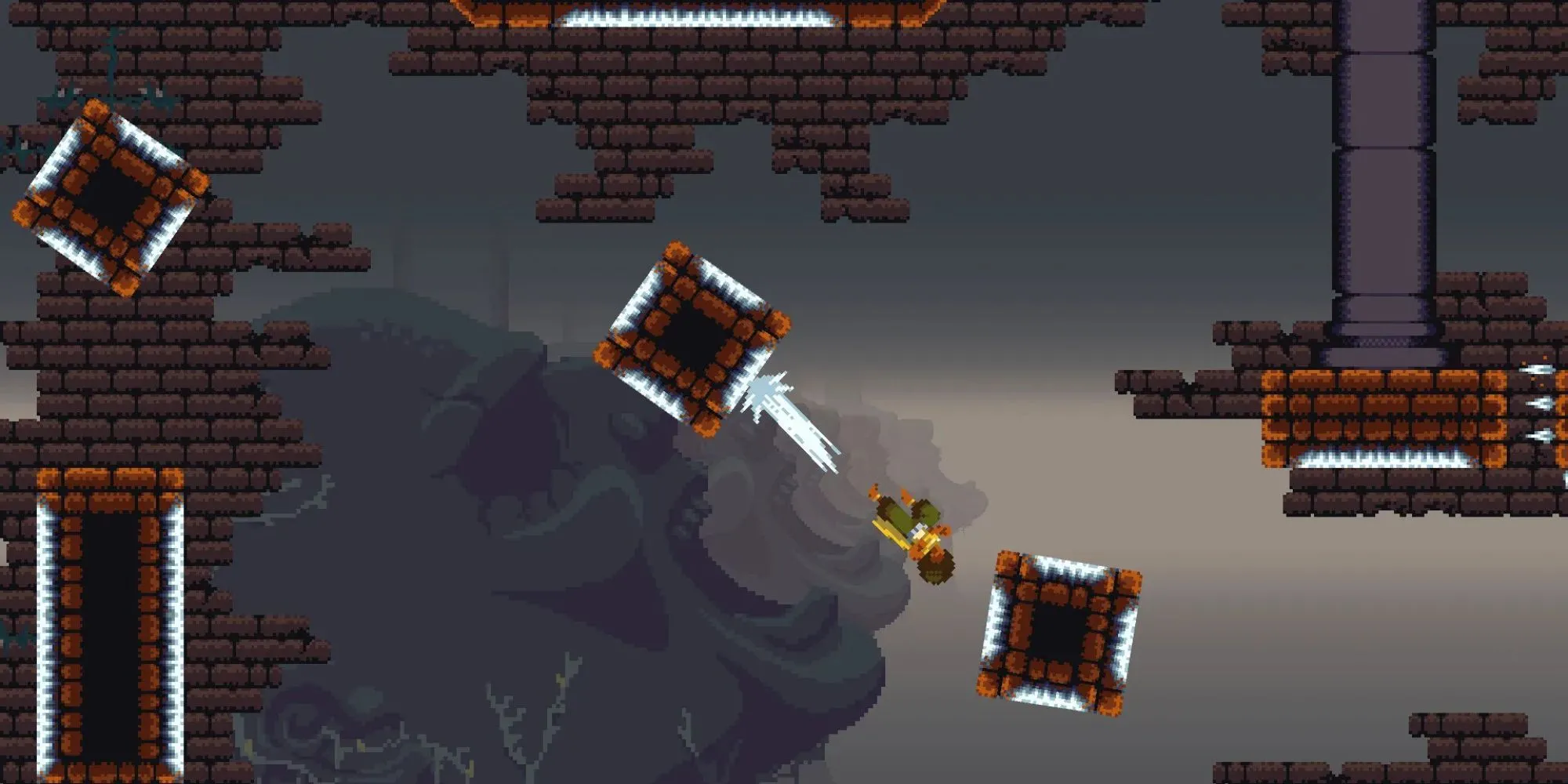 Nhân vật Dandara di chuyển giữa các bề mặt trong thế giới game đầy màu sắc