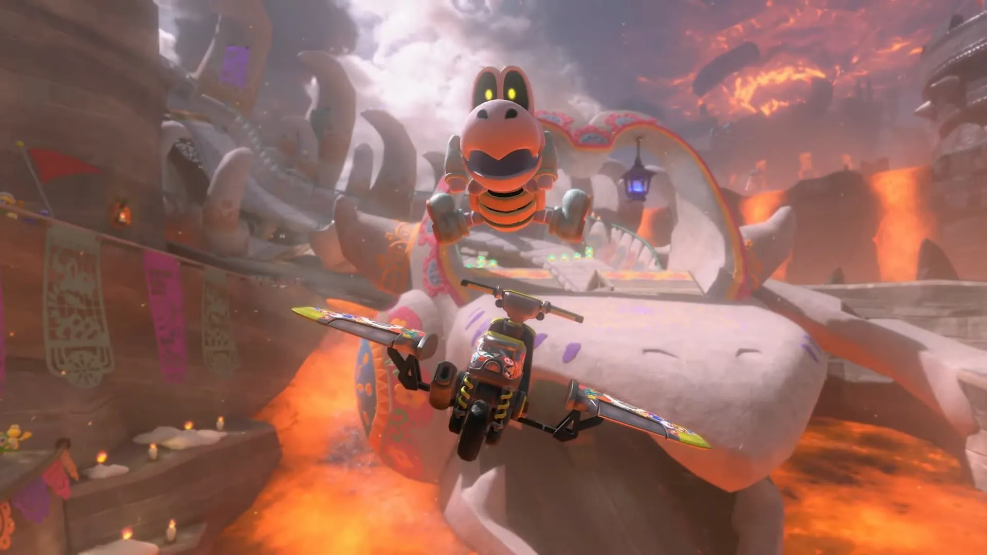 Nhân vật Dry Bones thực hiện cú nhảy trong trailer Mario Kart World.