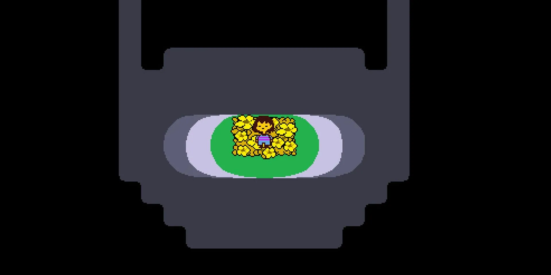 Nhân vật Frisk đứng trên một đống hoa vàng trong Undertale với phong cách pixel art đơn giản