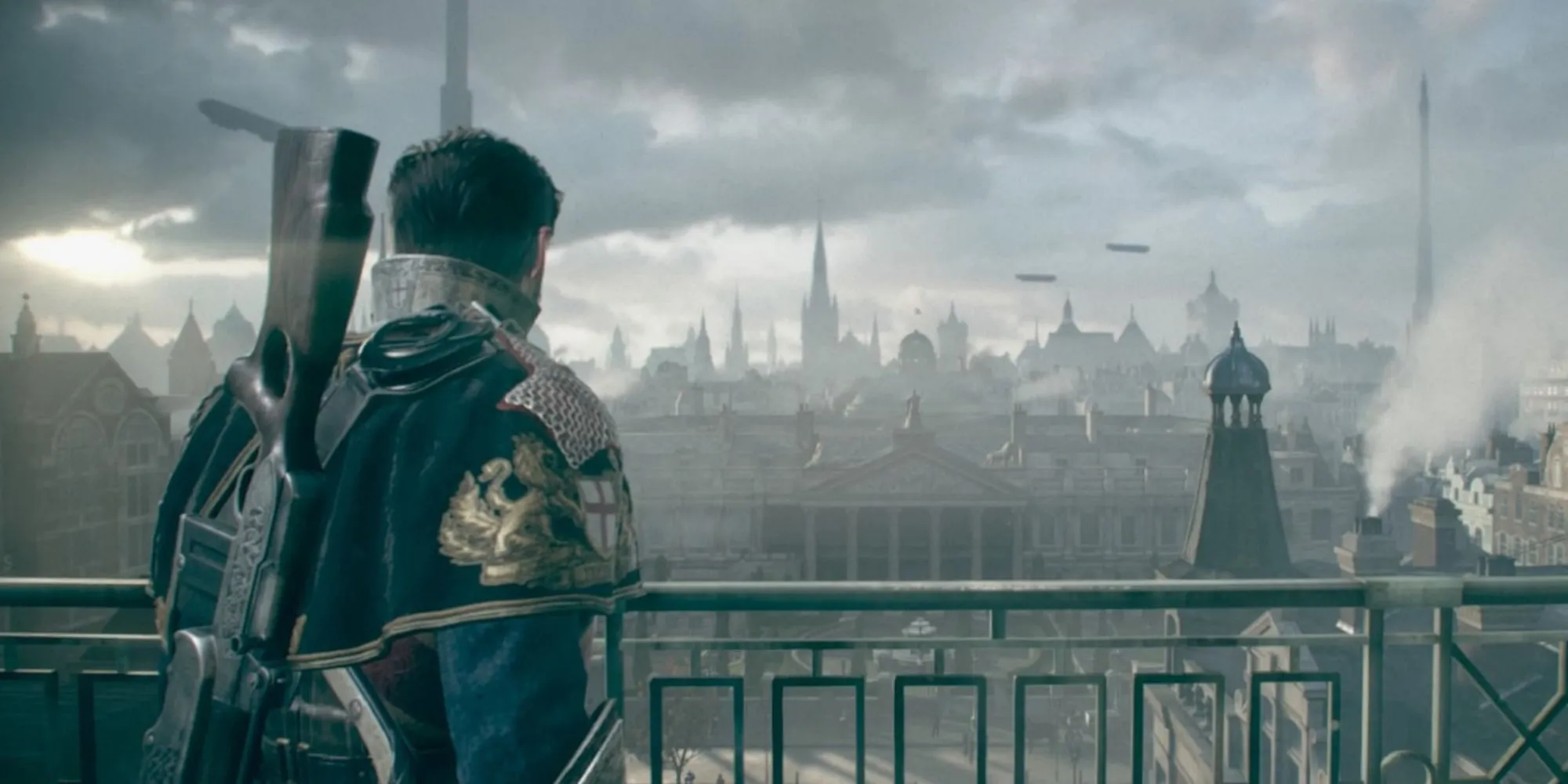 Nhân vật Galahad trong The Order: 1886 đang nhìn bao quát thành phố London steampunk từ trên cao